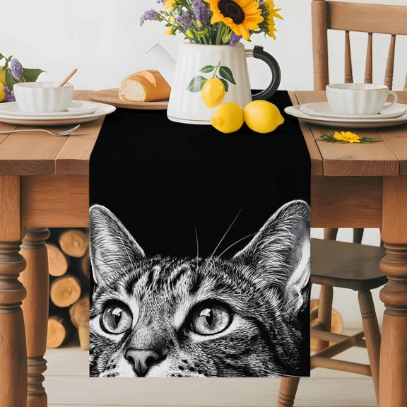 Civet Cat Table Runner 13x36 Inch Modern Black White Cat Face Animals Cotton Linen Dining Table Runner Ideal for Dresser Kitchen Coffee Tables - Machine Washable