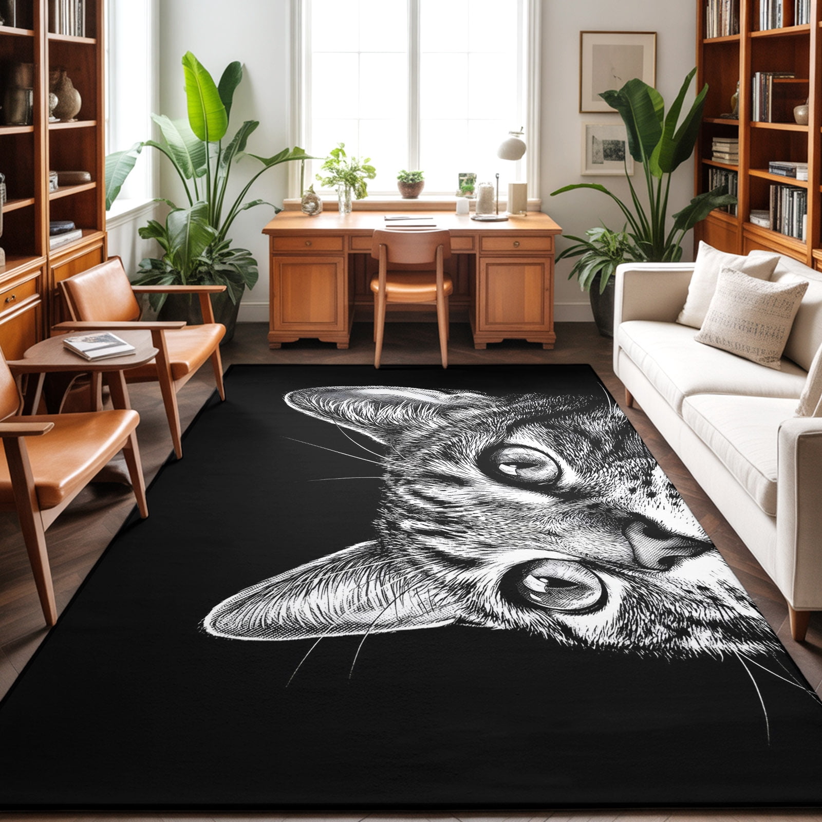 Civet Cat Washable Area Rug 9 x 12 ft Modern Black White Cat Face ...