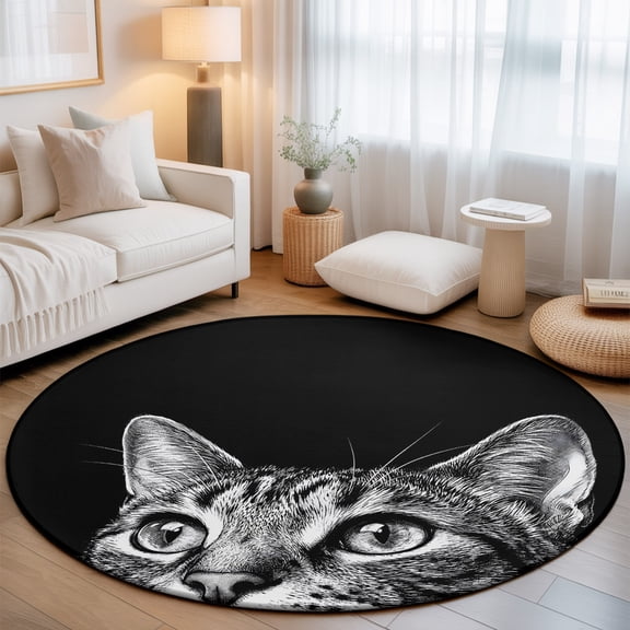 Civet Cat Washable Round Area Rug 3 ft, Modern Black White Cat Face Animals, Soft Non Slip Rugs Stain Repellent Indoor Felt Carpet for Living Dining Room Bedroom Home Office