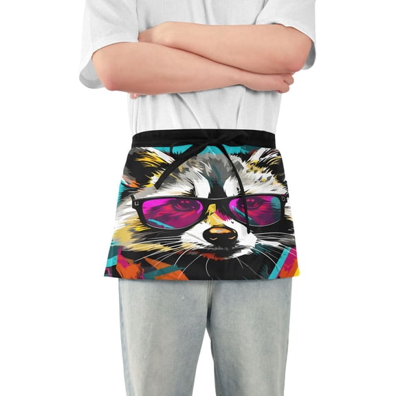 Civet Cat with Sunglasses Server Apron with 3 Pockets Waterproof Waitress Waist Short Apron for Man Woman 12 Inches
