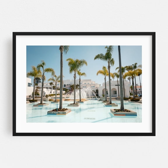 Civic Center Plaza, Oceanside - Oceanside California Photography Palm Tree Fountain Architecture Tropical Pool Beach House Travel Poster Black Framed Wall Art Print 5 x 7 inches