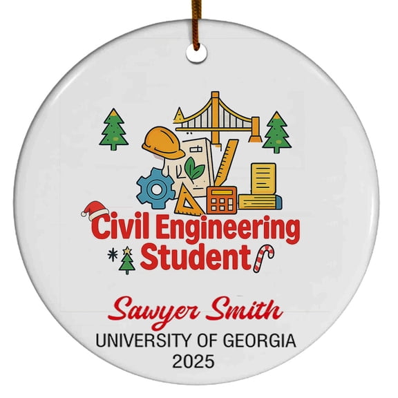 Civil Engineering Student Ornament, Christmas Ornament 2025, Personalized Gift for Civil Engineering Student with School Name Year, Class of 2025 Keepsake for Him or Her
