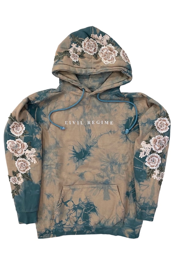 Regime Women's Embroidered White Roses Tie Dye Hoodie Sweatshirt (Medium, Brunnera Khaki)