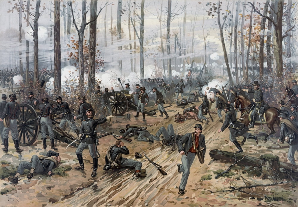 Civil War painting of Union and Confederate troops at The Battle of Shiloh Canvas Art - John ParrotStocktrek Images (34 x 24)