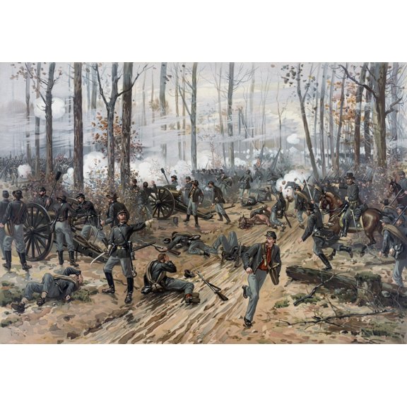 Civil War painting of Union and Confederate troops at The Battle of Shiloh Canvas Art - John ParrotStocktrek Images (34 x 24)