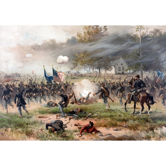Civil War painting of Union and Confederate troops fighting at The Battle of Antietam Canvas Art - John ParrotStocktrek Images (34 x 24)