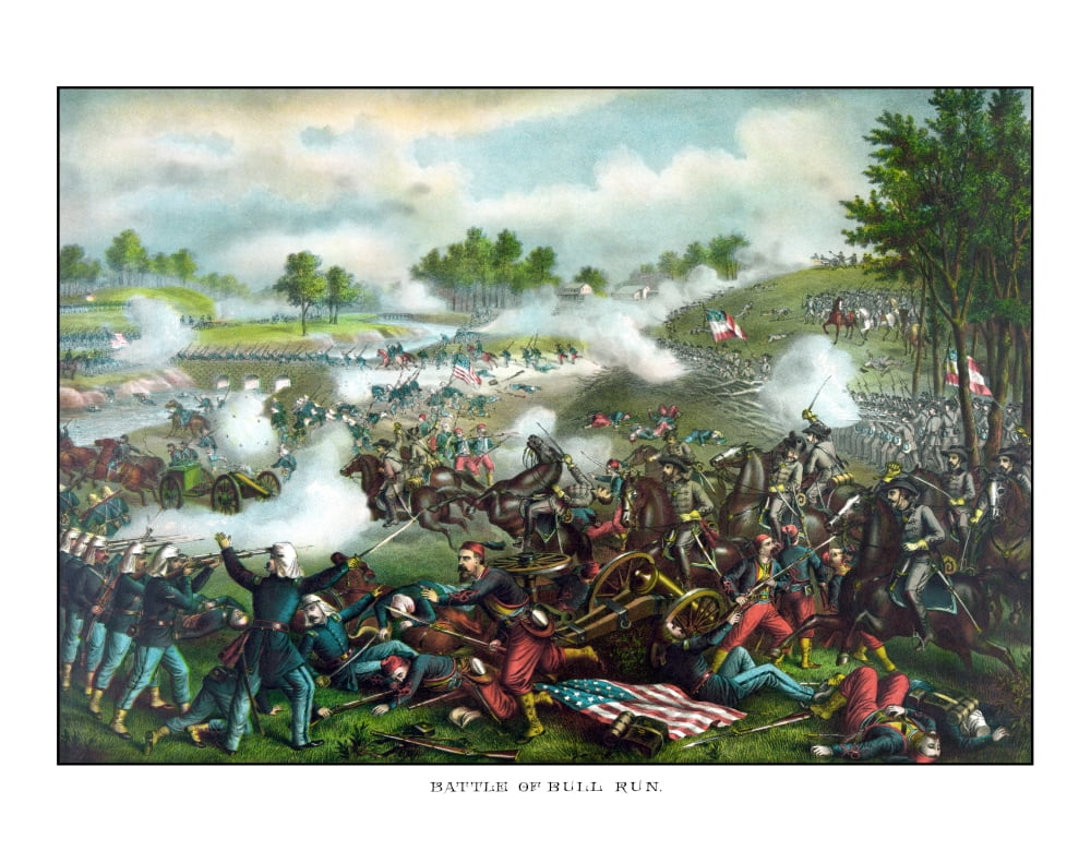 Civil War painting of Union and Confederate troops fighting at The Battle of Bull Run Canvas Art - John ParrotStocktrek Images (32 x 25)