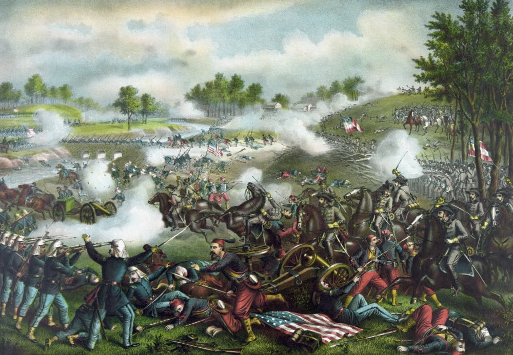 Civil War painting of Union and Confederate troops fighting at The Battle of Bull Run Canvas Art - John ParrotStocktrek Images (34 x 24)