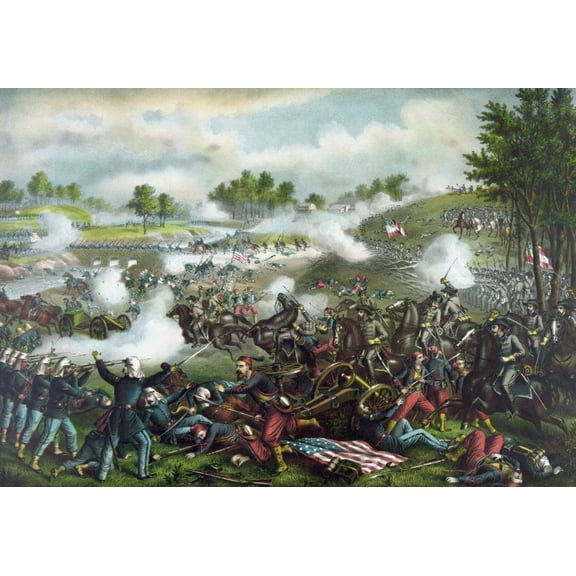 Civil War painting of Union and Confederate troops fighting at The Battle of Bull Run Canvas Art - John ParrotStocktrek Images (34 x 24)