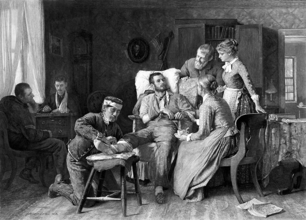 Civil War poster of a wounded Union soldier being tended to in a home Canvas Art - John ParrotStocktrek Images (17 x 12)