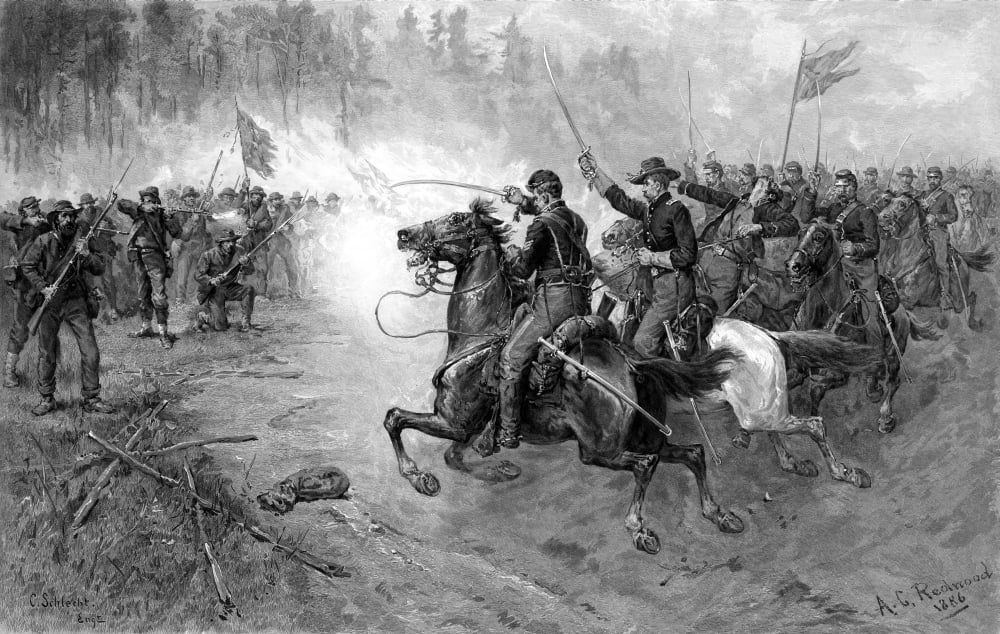 Civil War print of Union cavalry soldiers charging a Confederate firing line Canvas Art - John ParrotStocktrek Images (18 x 12)