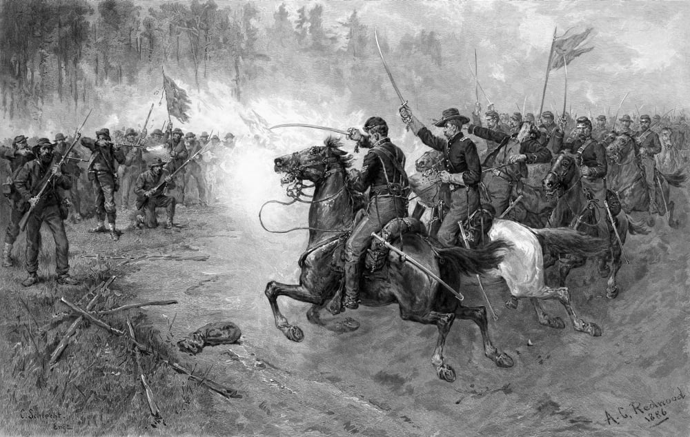 Civil War print of Union cavalry soldiers charging a Confederate firing line Canvas Art - John ParrotStocktrek Images (35 x 23)