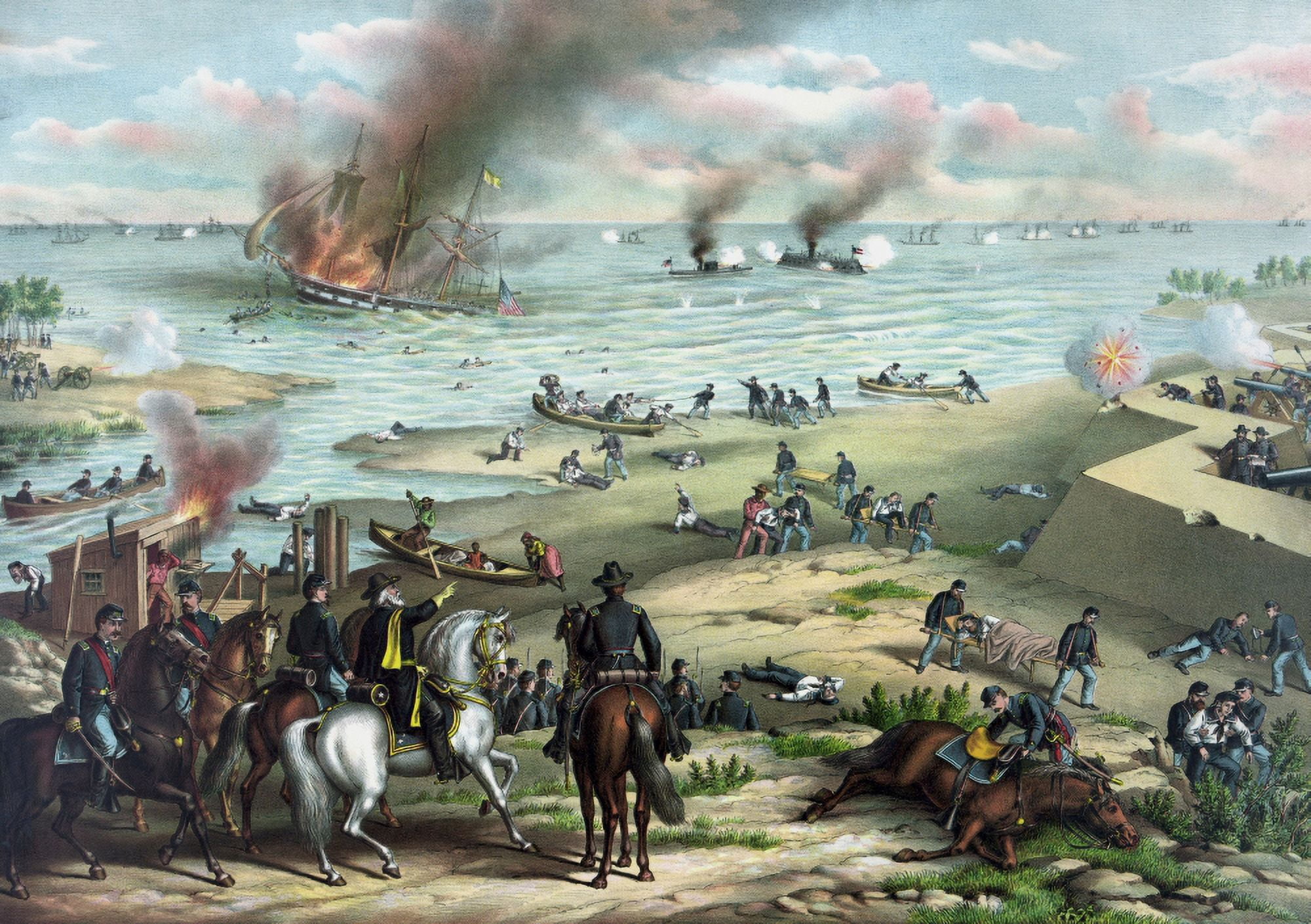 Civil War print showing the Naval Battle of the Monitor and The Merrimack Canvas Art - John ParrotStocktrek Images (34 x 24)