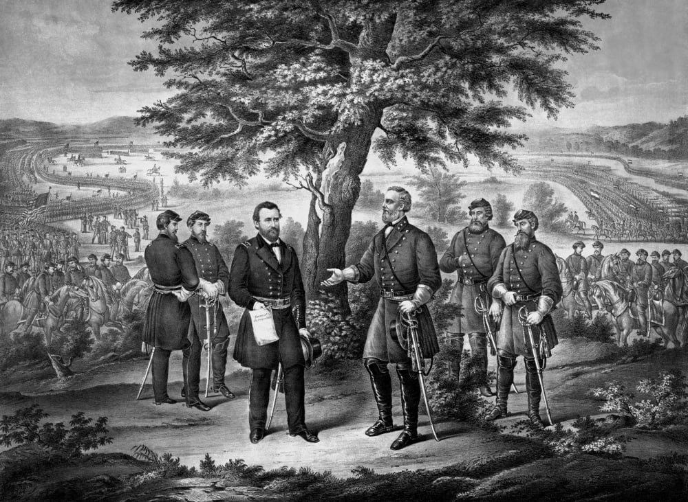 Civil War print showing the surrender of General Robert E Lee to General Ulysses S Grant Canvas Art - John ParrotStocktrek Images (33 x 25)