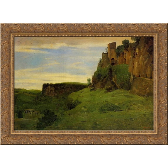 Civita Castelland ' Buildings High in the Rocks 24x19 Gold Ornate Wood Framed Canvas Art by Corot, Jean Baptiste Camille