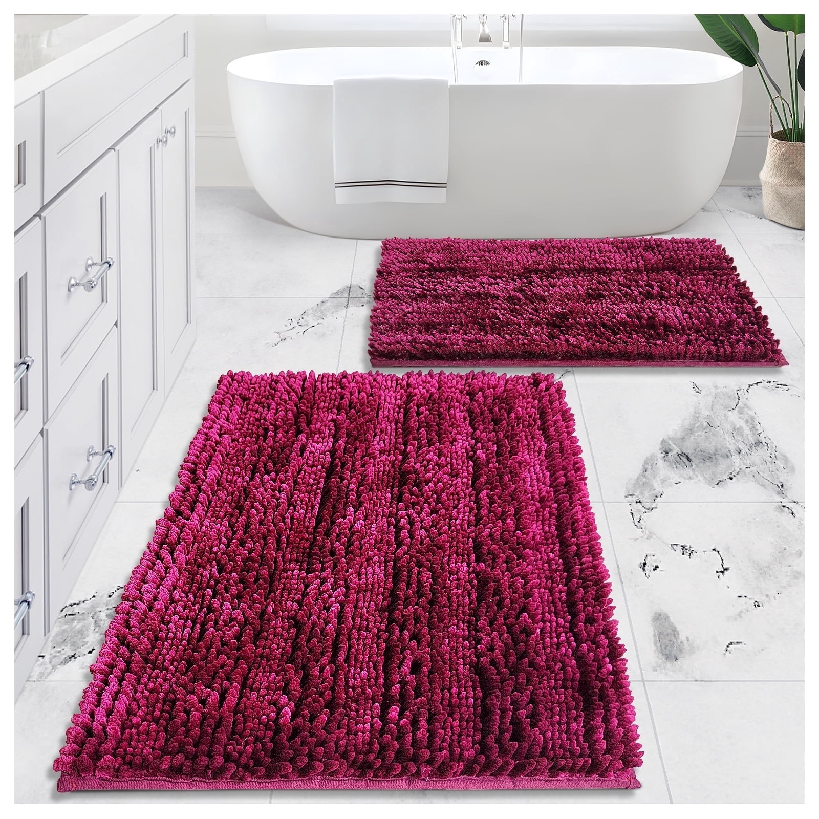 Civkor Bathroom Rugs, Bath Mats Set 2 Pieces Non Slip, 31x20 Plus 24x16Inch, Machine Washable, Soft Shiny Chenille and Quick Qry, Burgundy