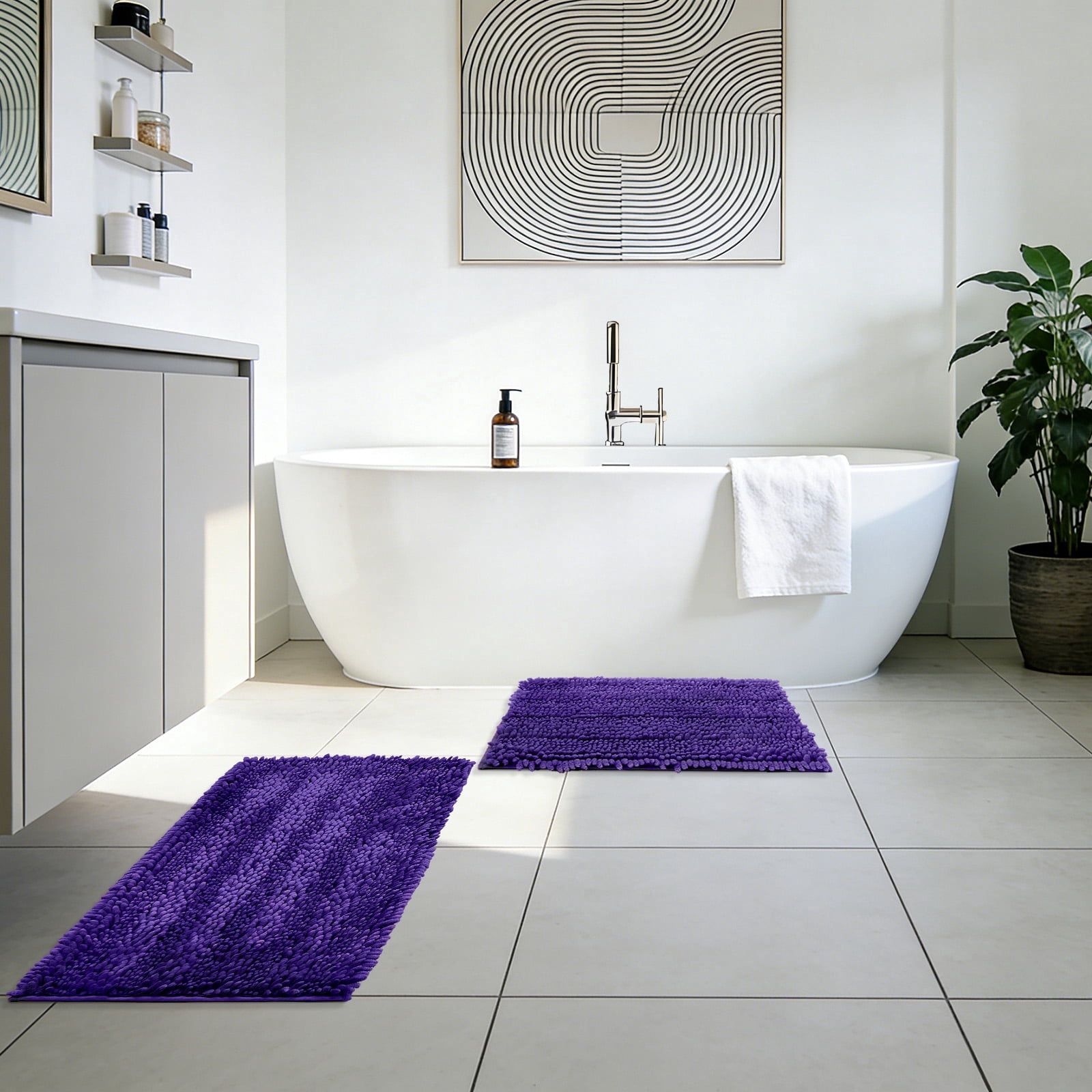 Civkor Bathroom Rugs, Bath Mats Set 2 Pieces Non Slip, 31x20 Plus 24x16Inch, Machine Washable, Soft Shiny Chenille and Quick Qry, Dark Purple