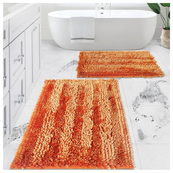 Civkor Bathroom Rugs, Bath Mats Set 2 Pieces Non Slip, 31x20 Plus 24x16Inch, Machine Washable, Soft Shiny Chenille and Quick Qry, Orange