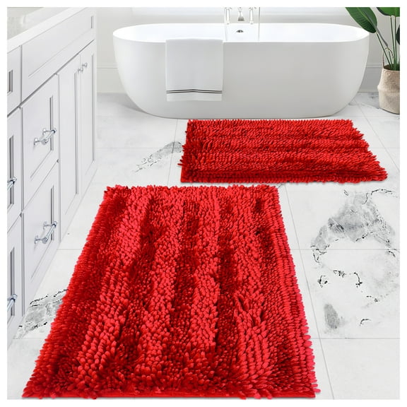 Civkor Bathroom Rugs,Chenille Bath Mat Set Non Slip Backing Washable,31x20 and 24x16Inch,Red