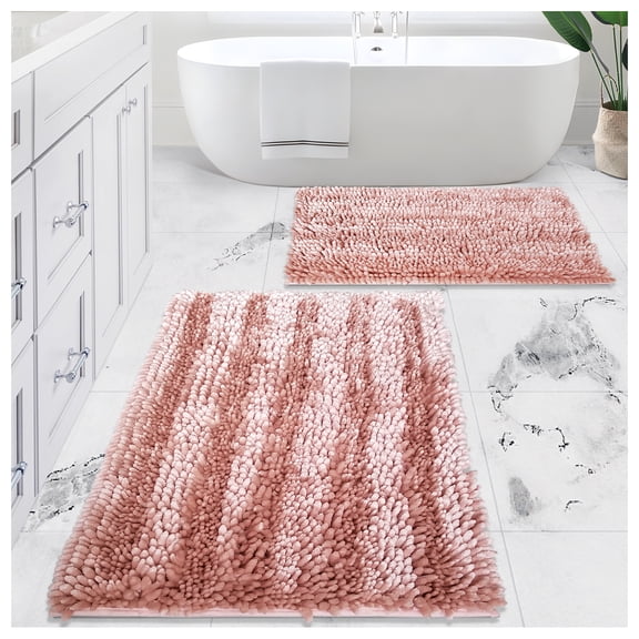 Civkor Bathroom Rugs,Non Slip Bath Mats Set 2 Pieces 31x20 and 24x16Inch,Chenille Washable,Quick Qry,Pink