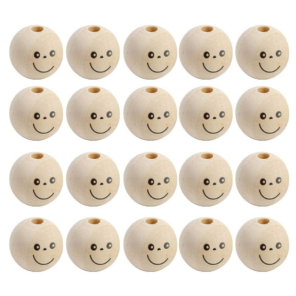 Ciwanning 20Pcs Smiles Wood Beads Natural Wood Beads for Crafting Wooden Faced Beads, Wooden Ball with Hole for Decor Craft