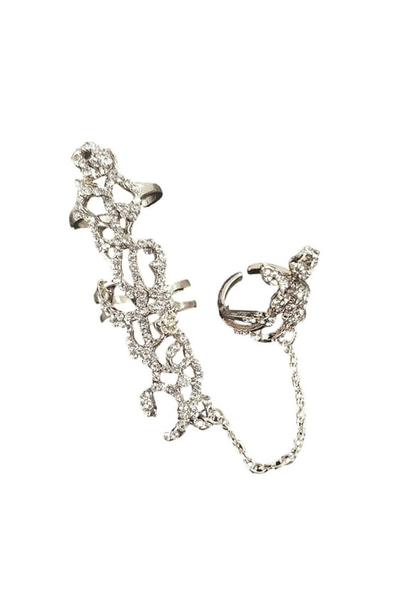 Glittering Vintage Chain Link Rings With Crystals Rhinestones Adjustable Double Finger Jewelry for Women Gifts