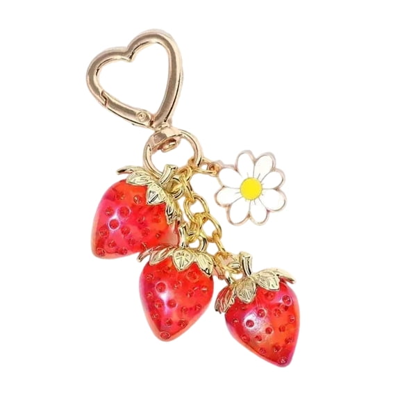 Ciwanning Resin Strawberry Keychain with Floral Pendant Flower Daisies Key Chain Handmade Stylish Bag Accessories Purse Accessory