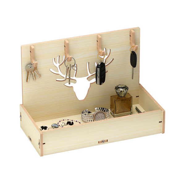 Ciwanning Wooden Desktop Sundries Storage Box with 4 for Key Hooks Hanger Holder Tabletop Retro Style Entryway Organizer Jewelry Display Rack Stand