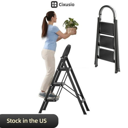 Cixusio 3 Step Ladder, Portable Folding Step Stool, Heavy Duty, Anti-Slip, Lightweight Ladder 330Lbs Capacity