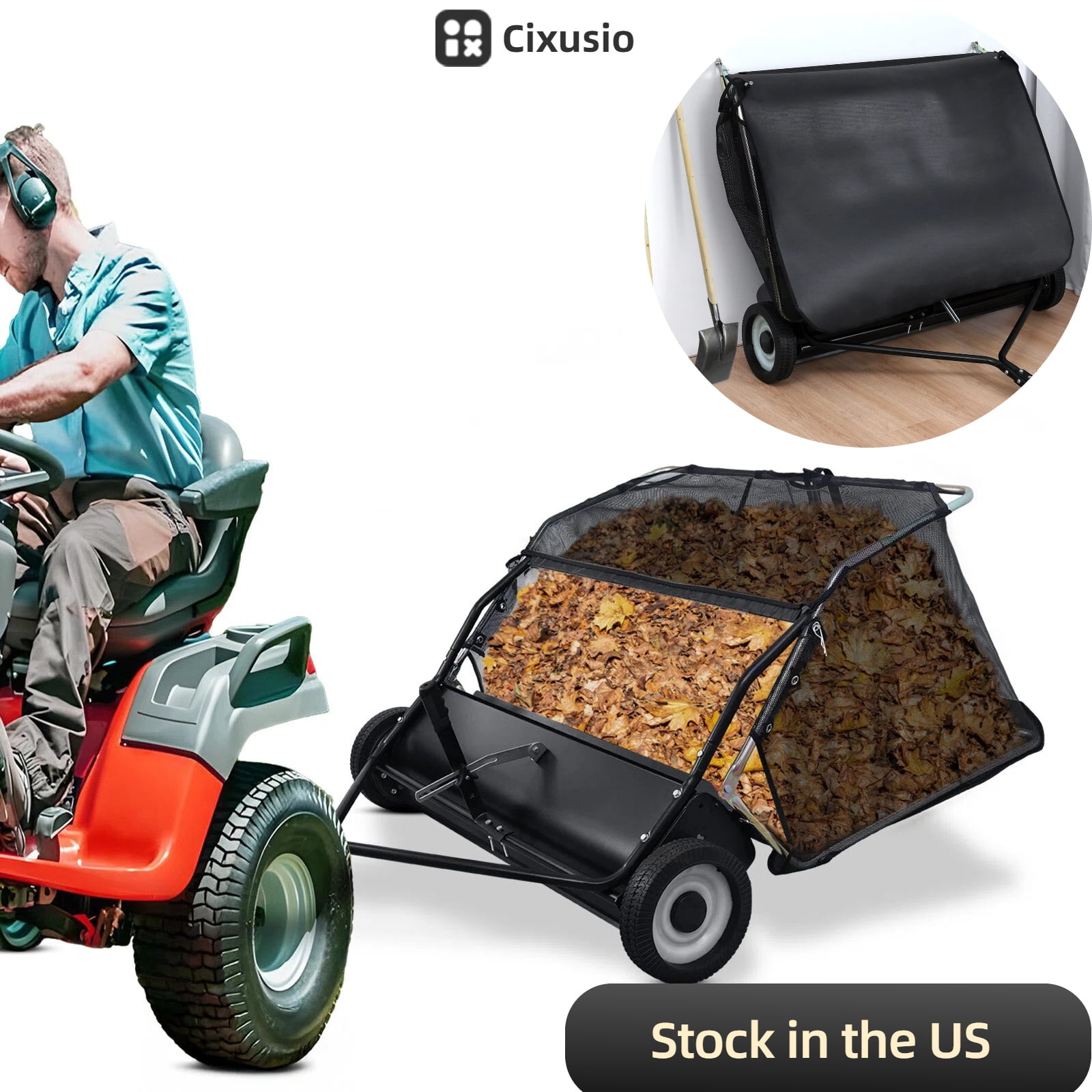 Cixusio 44in Behind Lawn Sweeper, Heavy-Duty Leaf And Grass Collector, Adjustable Height  Sweeping Large Capacity Leaf Grass Collector w/Dumping Rope Rubber Wheels, Lawn Sweeper Tow Behind for Lawn