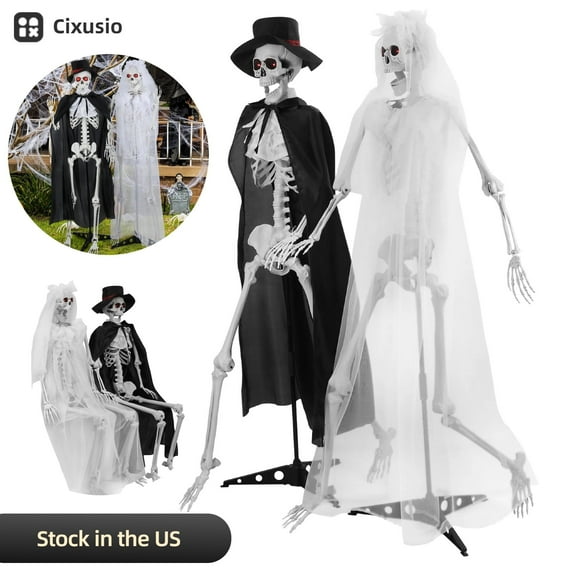 Cixusio 5.4FT Life-Size Halloween Skeleton Couple Set - Poseable Joints Glowing Eyes & Sound Bride (White Veil) & Groom (Scholar Robe) Indoor/Outdoor Haunted House Decor