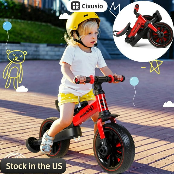 Cixusio Balance Bike with Push Handle for Kids 6 in 1 Foldable Push Bike with Training Wheels Pedals Brakes Kickstand Kid Balance Bike Gift & Toys for Boy & Girl-Red