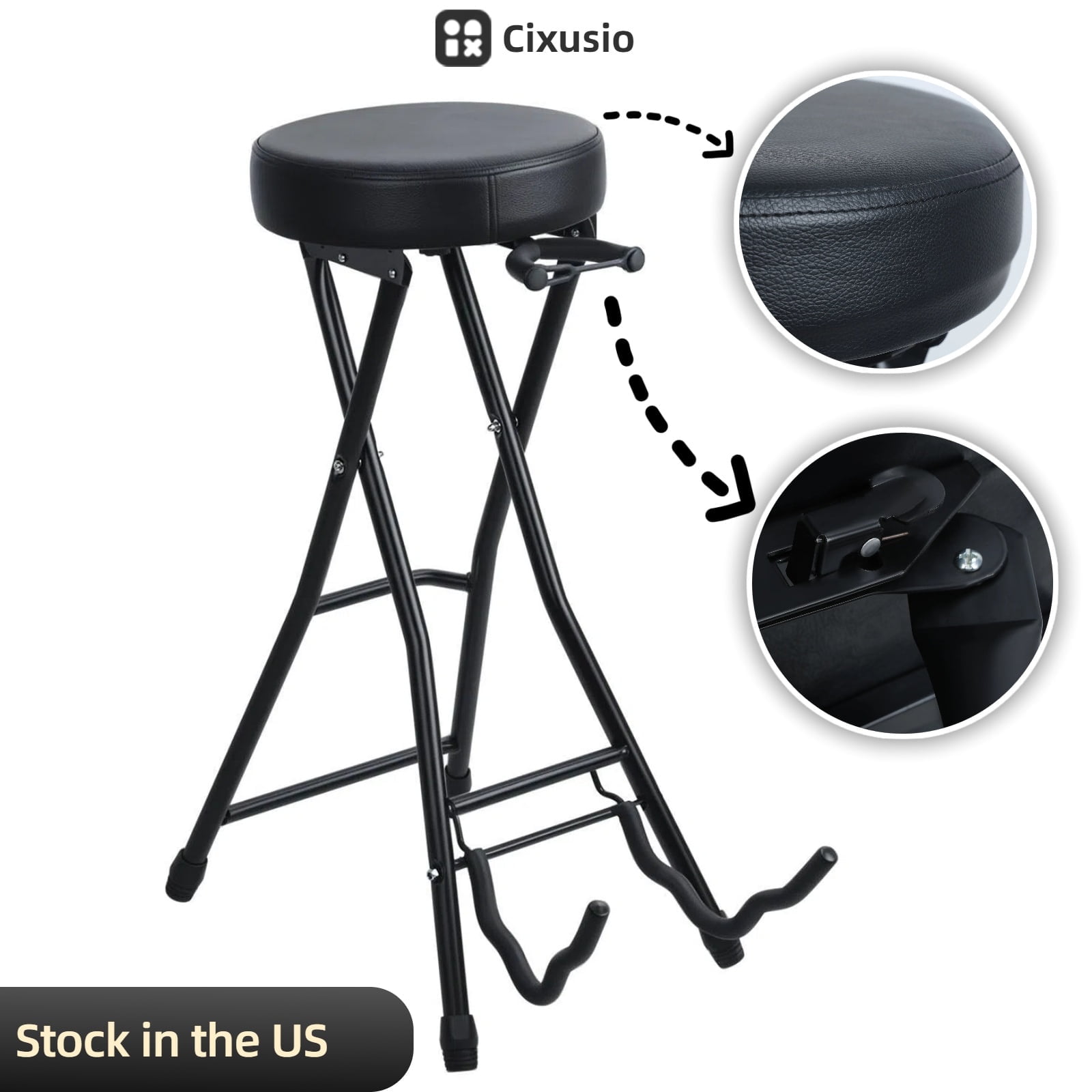 Cixusio Guitar Stool with Padded Seat, Foldable Guitar Seat with Guitar Stand and Retractable Hook, Suitable for Acoustic and Electric Guitars Bass Guitars