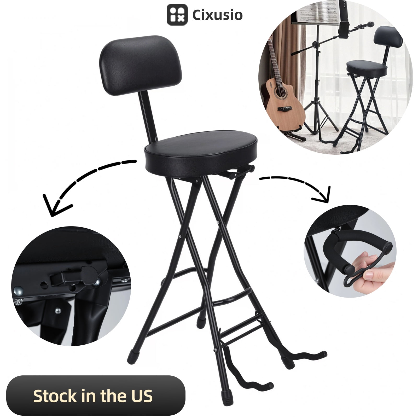 Cixusio Guitar Seat with Padded Cushion, Guitar Stool with Ergonomic Backrest and Fold Out Guitar Stand, Suitable for Acoustic and Electric Guitars Bass Guitars