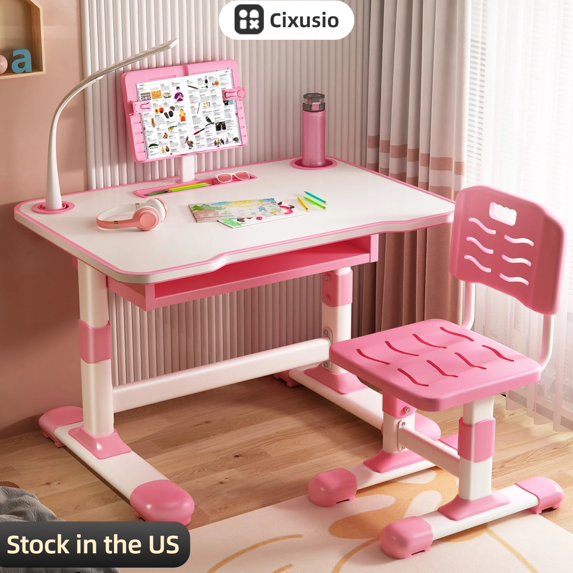 Cixusio Height Adjustable Kids Desk with Chair, Kids Interactive Workstation for School Writing Study Play, Kids Desk and Chair Set with Tiltable Reading Stand Storage Drawer & LED Table Light