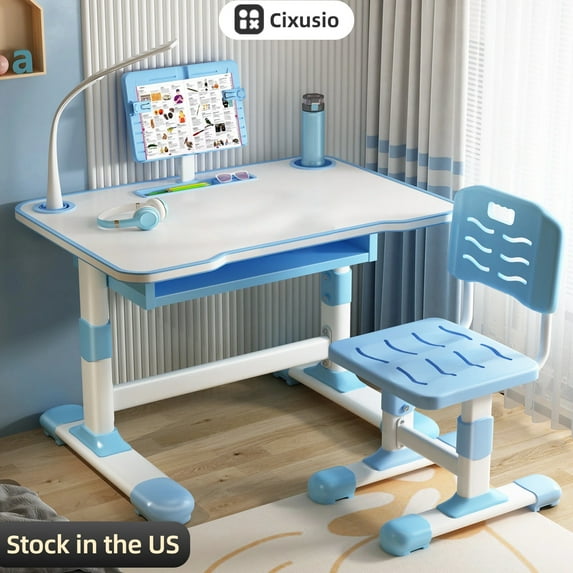 Cixusio Height Adjustable Kids Desk with Chair, Kids Interactive Workstation for School Writing Study Play, Kids Desk and Chair Set with Tiltable Reading Stand Storage Drawer & LED Table Light
