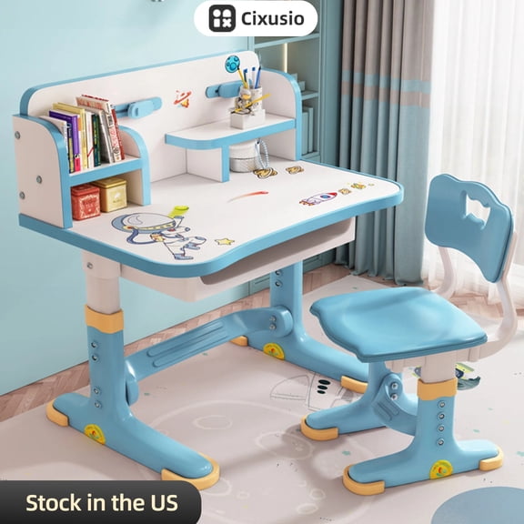 Cixusio Height Adjustable Kids Desk and Chair Set Children Interactive Workstation Wood Cartoon Children School Study Table with Storage Drawer Large Writing Board Bookshelf for Boys Girls,Blue