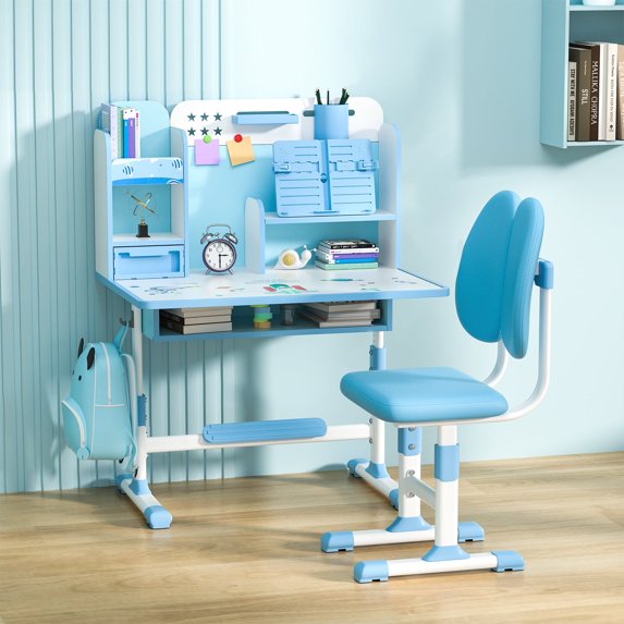 Cixusio Kids Desk and Chair Set,Height Adjustable School Desk Chair Set with Book Stand, Foot Pedal, Partition Design, Storage Drawer for Study,Suitable Gift for Girls Boys(Blue)