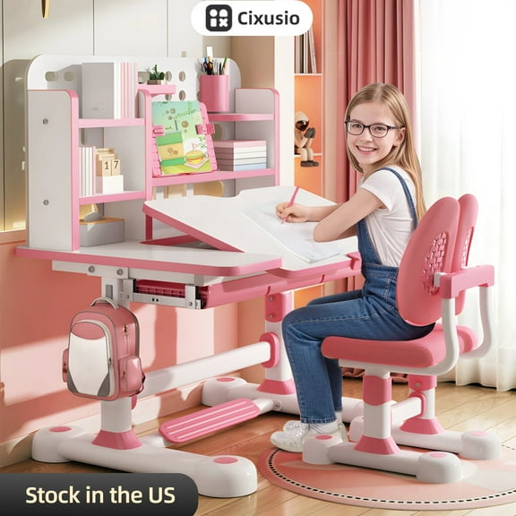 Cixusio Kids Study Desk and Chair Set, Children School Drawing Desk Chair Set Height Adjustable Ergonomic Table and Chair Set with 50° Tiltable Desktop, Book Stand, Storage Drawer,Pink