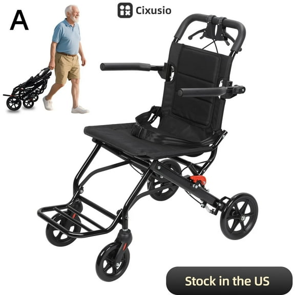 Cixusio Lightweight Foldable Wheelchair, Carbon Steel Hand Push Wheel Chair with Pull Bar and Safety Belt, 220 lb Capacity