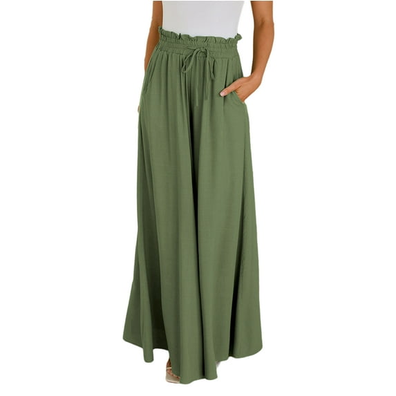 Cizayoi Women Casual Pants Elastic Waist Wide Leg Beach Trousers with Pockets