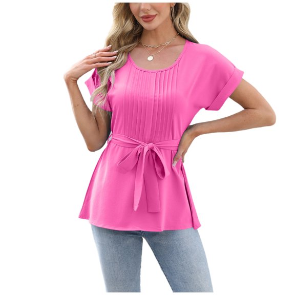 Cizayoi Women's Casual Blouses Elegant Crew Neck Short Sleeve Shirts Peplum Tops