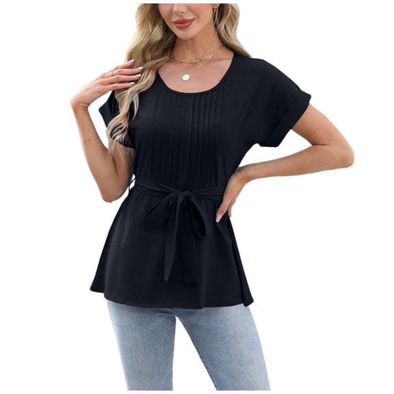 Cizayoi Women's Casual Blouses Elegant Crew Neck Short Sleeve Shirts Peplum Tops