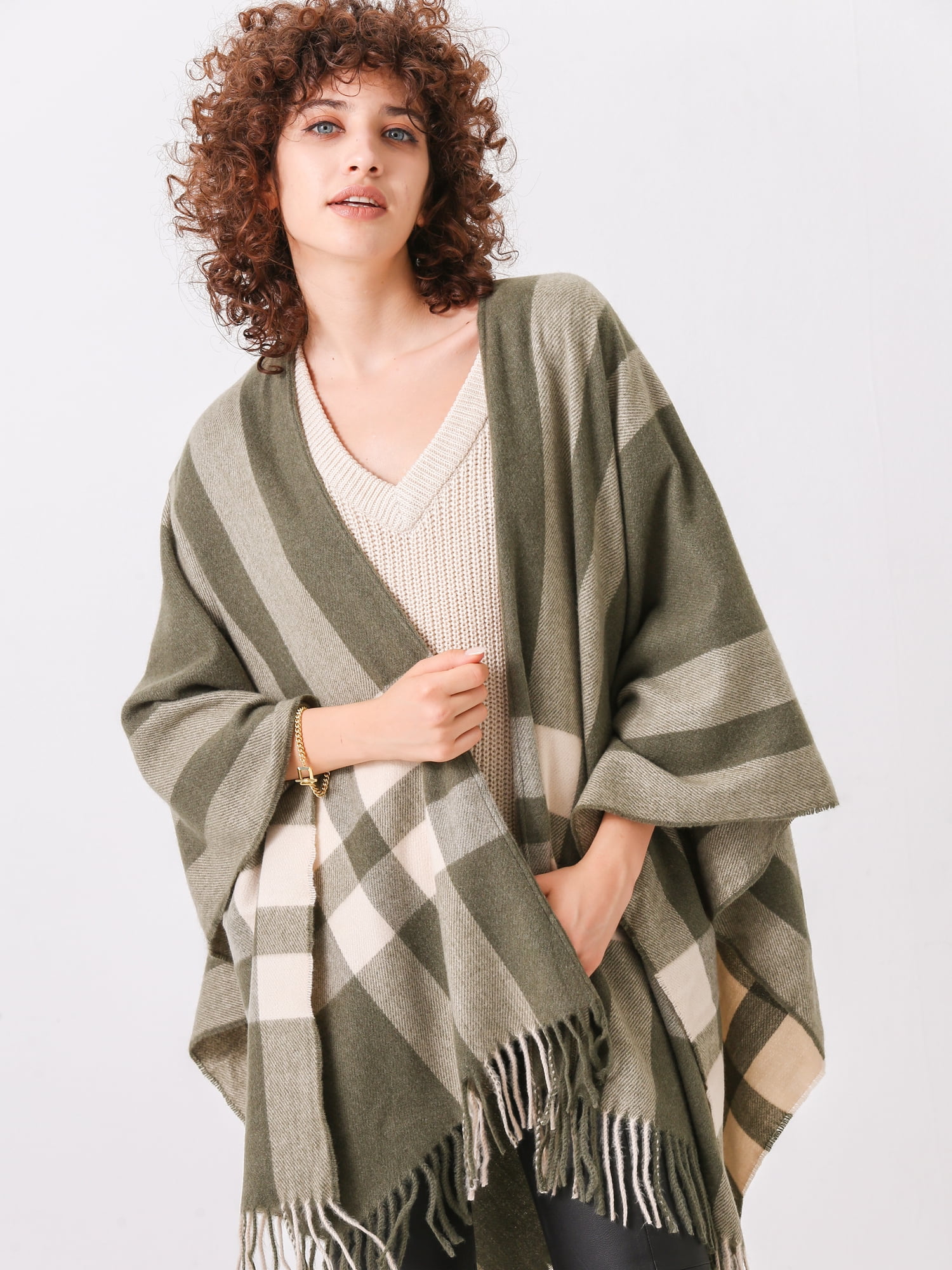 Cizayoi Women's Travel Plaid Shawl Wrap Open Front Poncho Cape Ruana ...