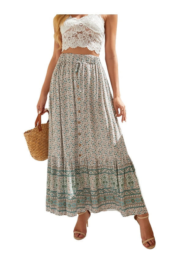 Womens Casual High Waist Tie Paisley Boho Print Long Maxi Skirt