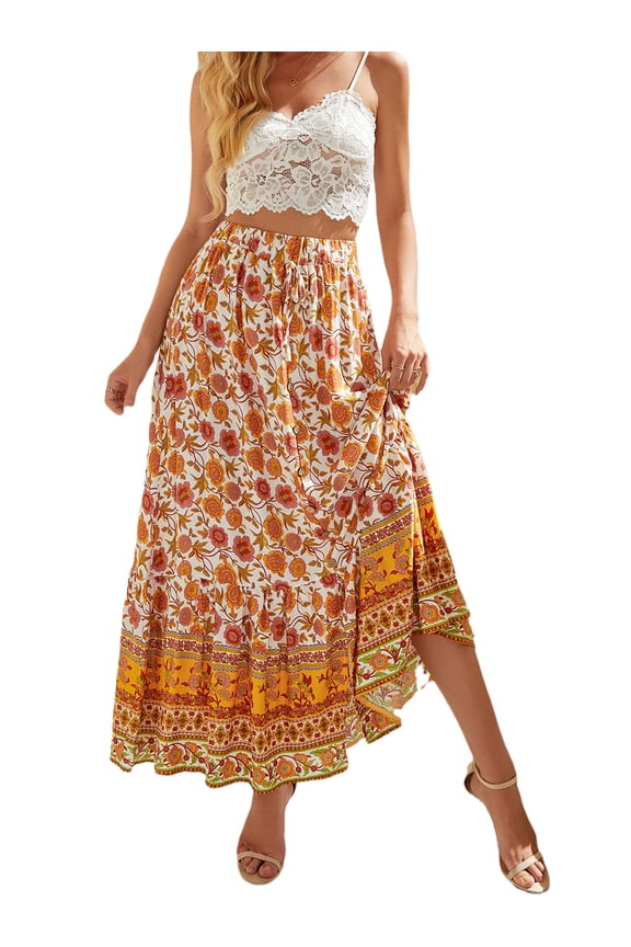 Womens Casual High Waist Tie Paisley Boho Print Long Maxi Skirt