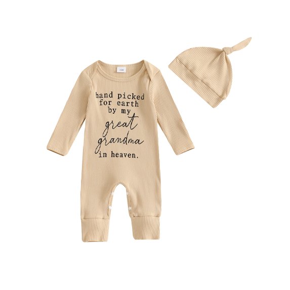 Cjfdfy Baby Boy Girl Newborn Hospital Going Home Outfit Hand Picked for Earth By My Great Grandma Grandpa Letters Romper Long Sleeve Ribbed Jumpsuit Hat Spring Fall Winter Clothes