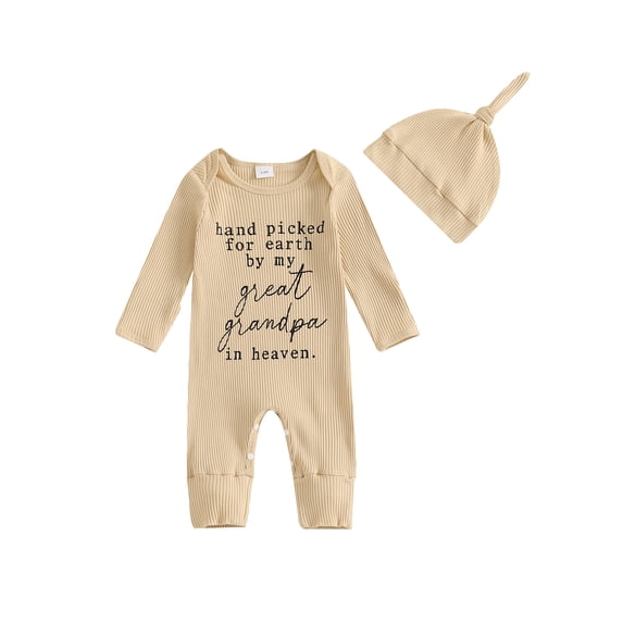 Cjfdfy Baby Boy Girl Newborn Hospital Going Home Outfit Hand Picked for Earth By My Great Grandma Grandpa Letters Romper Long Sleeve Ribbed Jumpsuit Hat Spring Fall Winter Clothes