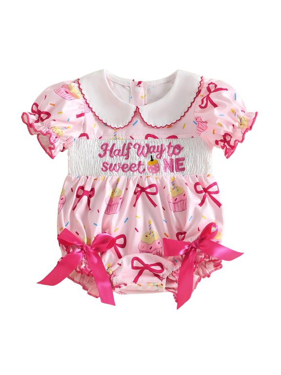 Baby Girl 1/2 Half Birthday Outfit Half Way to One Birthday Clothes Summer Smocked Bubble Romper with Bows Cupcake Print Doll Collar Puff Short Short Sleeve Bodysuit Jumpsuit Playsuit