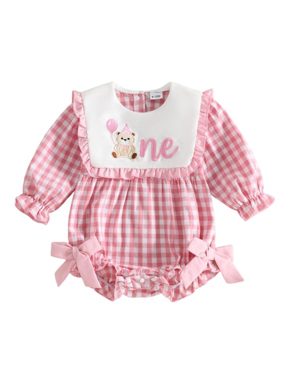 Baby Girl Birthday Outfit One Goose Bear Balloon Embroidery bow Romper Long Sleeve Bodysuit cute First Birthday Outfit Girl Fall winter Clothes 6-18M